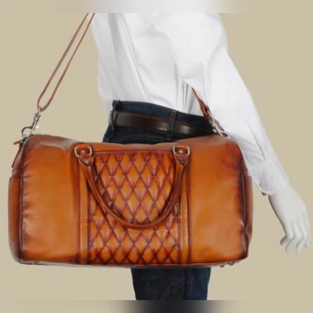 New Wilsons Leather New Orleans Duffel Tan Weekender Diamond Quilted Pattern